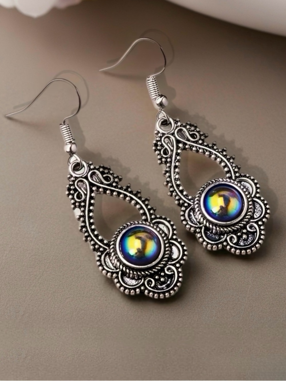 Antique Silver Gothic Victorian Dark Iridescent Stone Bohemian Dangle Earrings